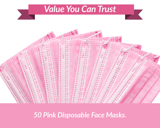 Pink Disposable Face Masks - 50 Masks - FDA Registered