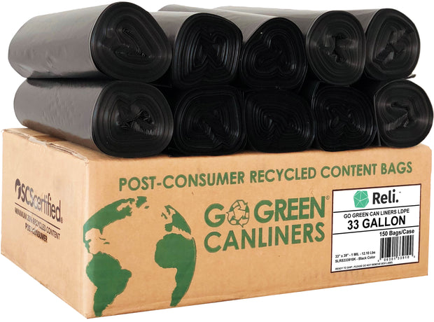 eco friendly trash bags go green can liners 33 gallon post consumer recycled content bags LDPE