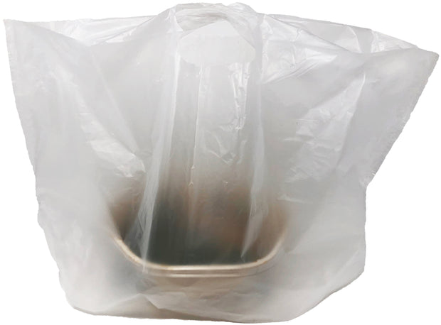 white carry out shopping bag holding container for food service, restaurant 