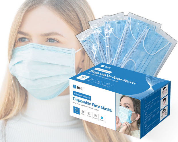 Individually Wrapped Disposable Face Masks - 50 Masks - FDA Registered