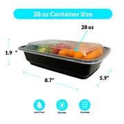 28 oz food container size 8.7x5.9x1.9 leak proof reusable stackable snap on lids